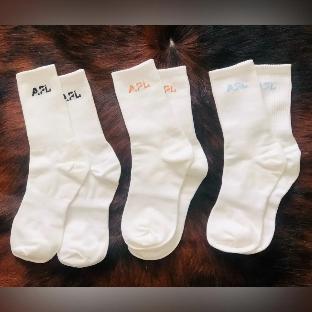 APL UNISEX White Crew Socks with Multicolor Logos 3/$30